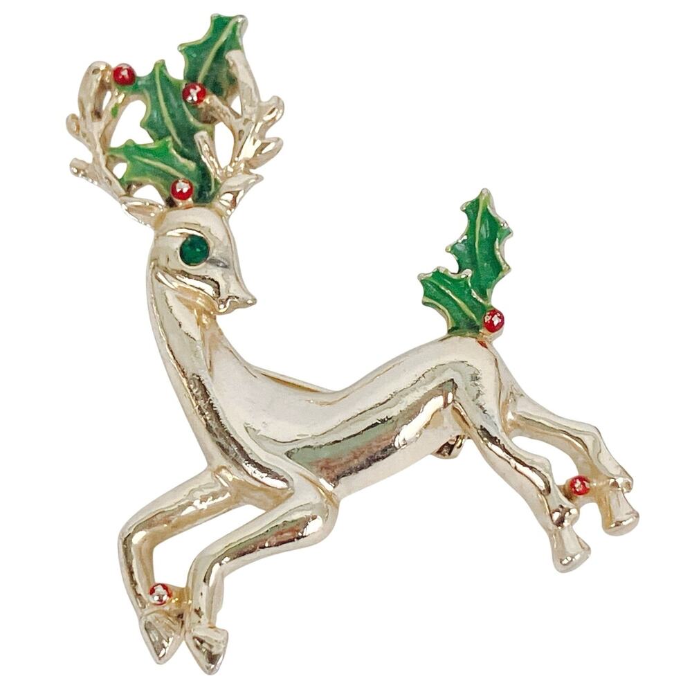 VTG Signed Gerry’s 1970s Christmas Reindeer Brooch Gold Tone Enamel Nostalgic